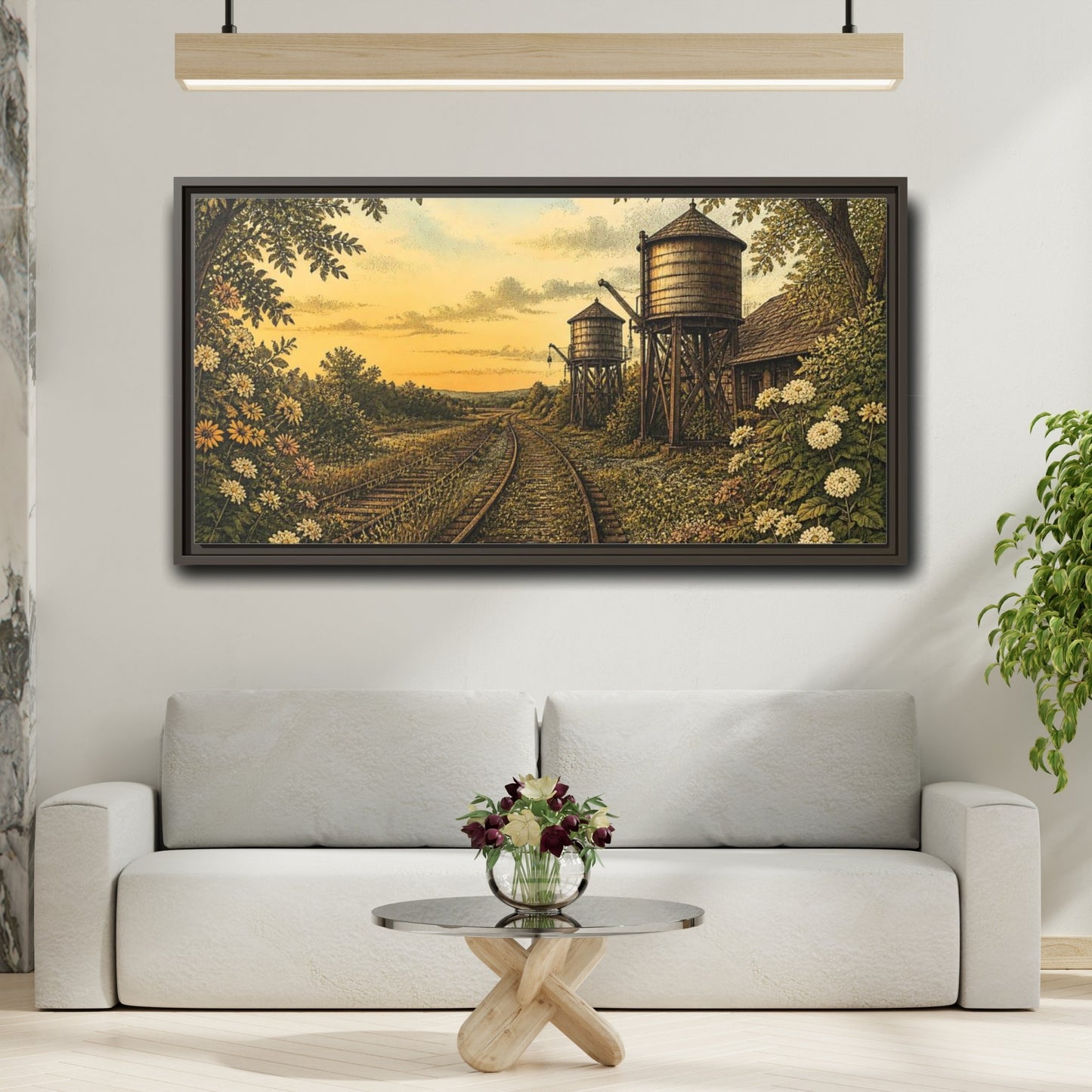 Mockup 2. Sunset Railway Water Towers shown as framed canvas print