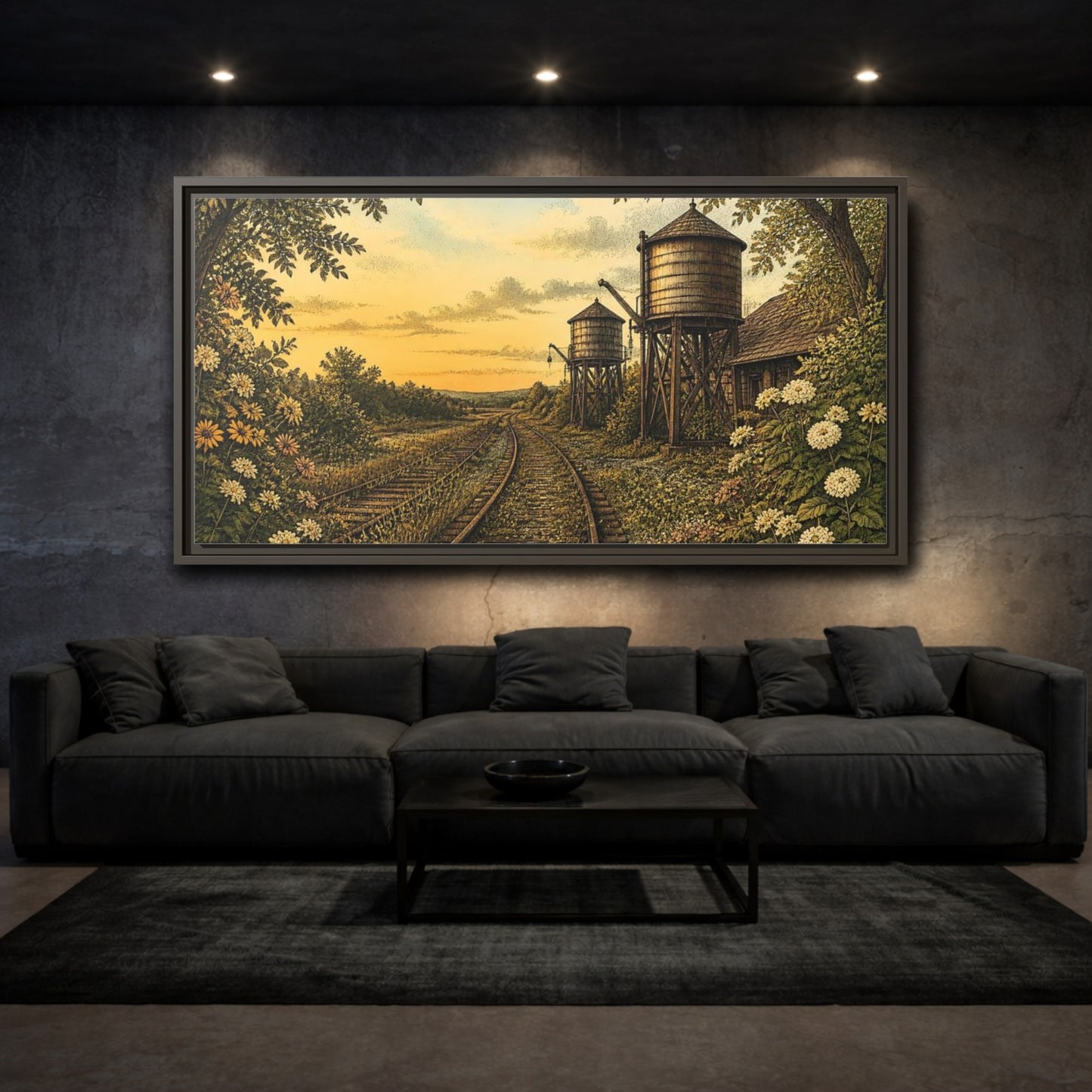 Mockup 3. Sunset Railway Water Towers shown as framed canvas print