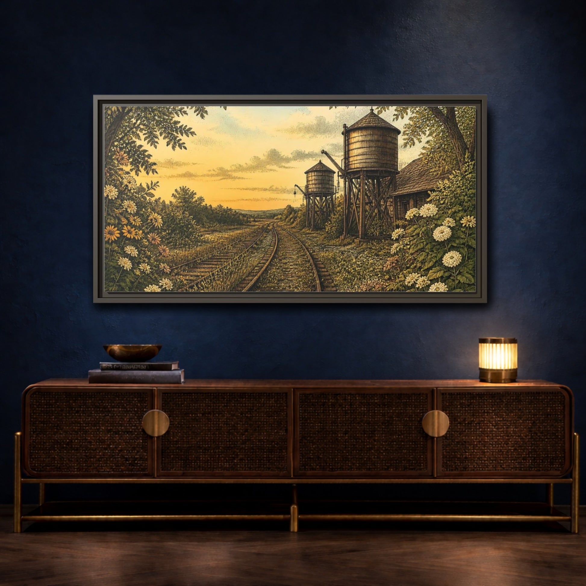 Mockup 4. Sunset Railway Water Towers shown as framed canvas print