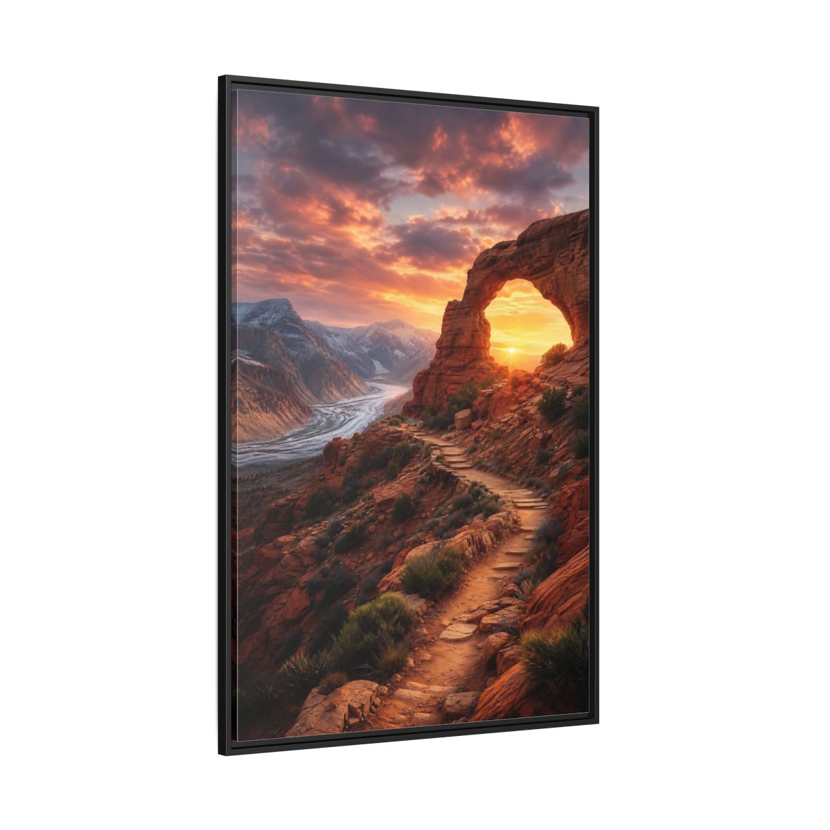 Side Mockup 12. Sunset Red Rock Arch shown as framed canvas print