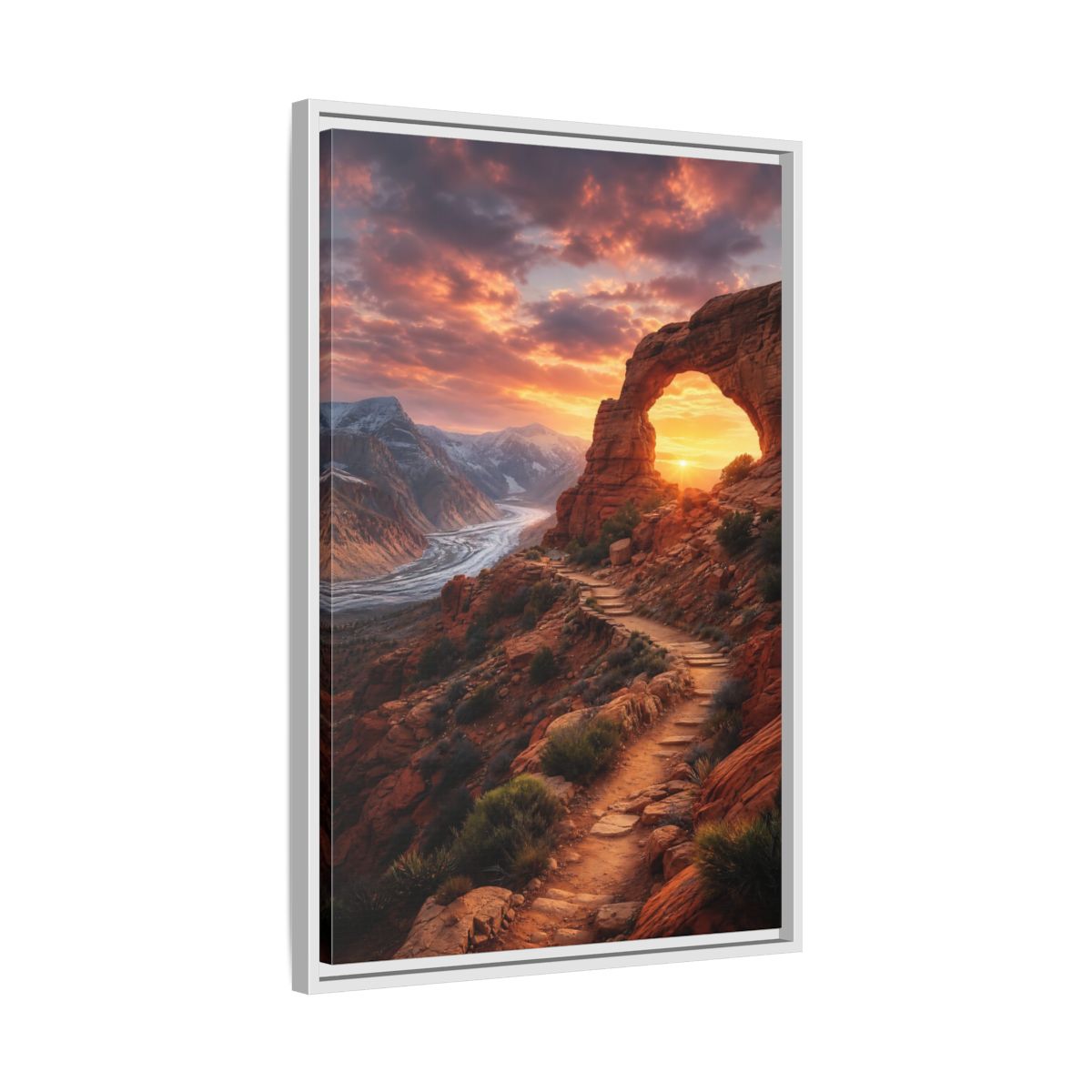Side Mockup 10. Sunset Red Rock Arch shown as framed canvas print