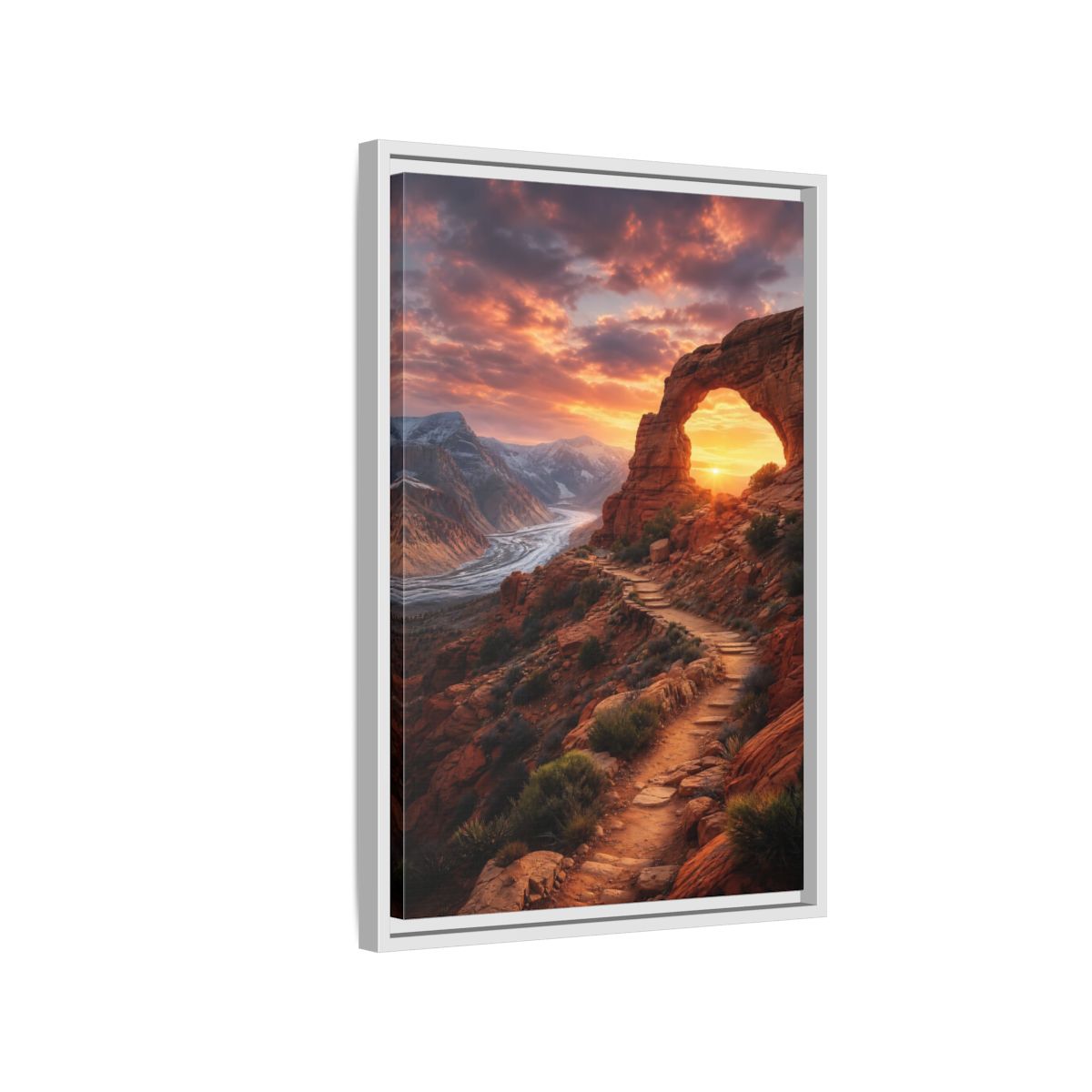 Side Mockup 1. Sunset Red Rock Arch shown as framed canvas print
