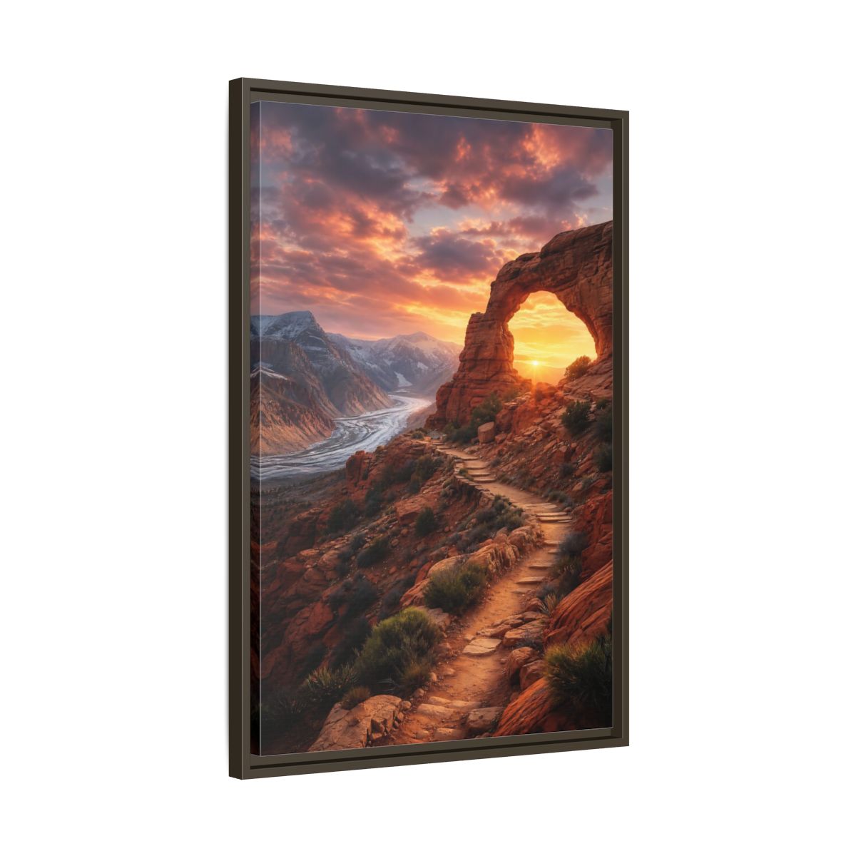 Side Mockup 11. Sunset Red Rock Arch shown as framed canvas print