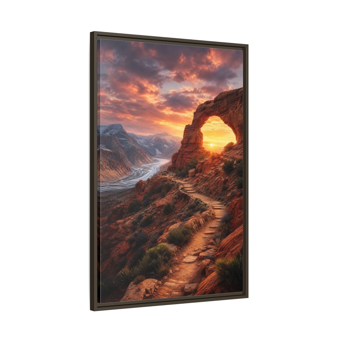 Main Mockup. Sunset Red Rock Arch shown as framed canvas print