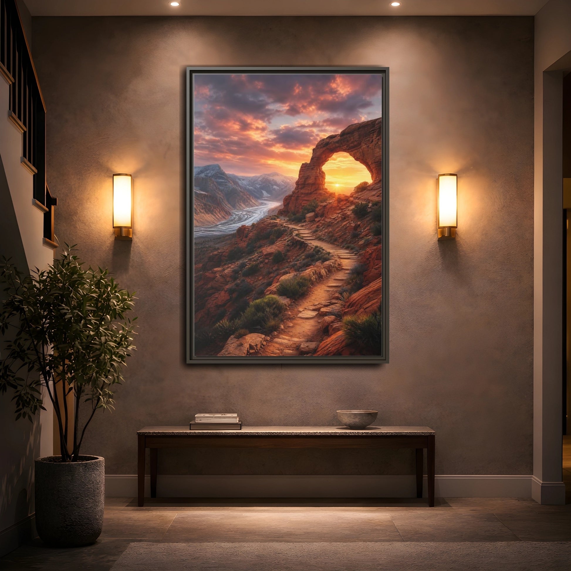 Mockup 2. Sunset Red Rock Arch shown as framed canvas print