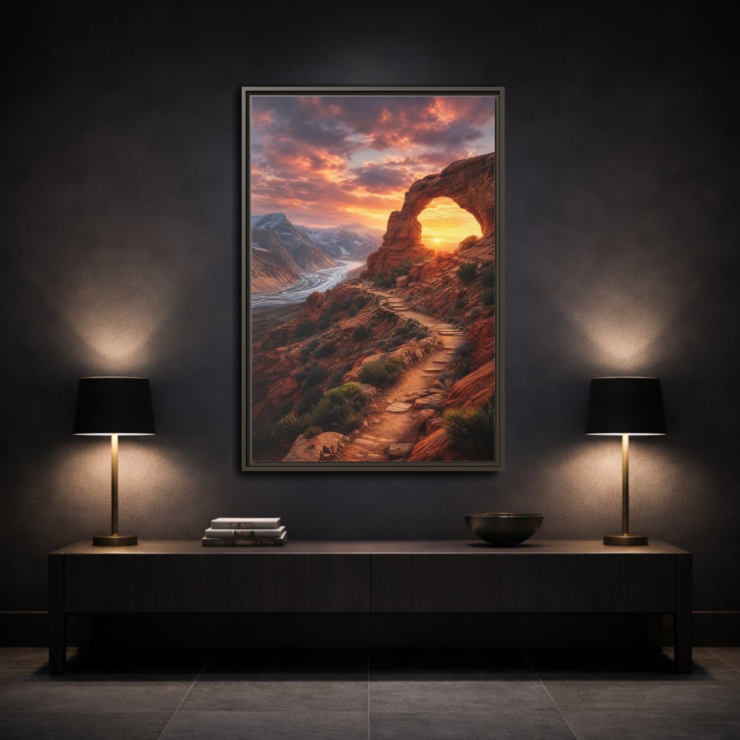 Mockup 3. Sunset Red Rock Arch shown as framed canvas print
