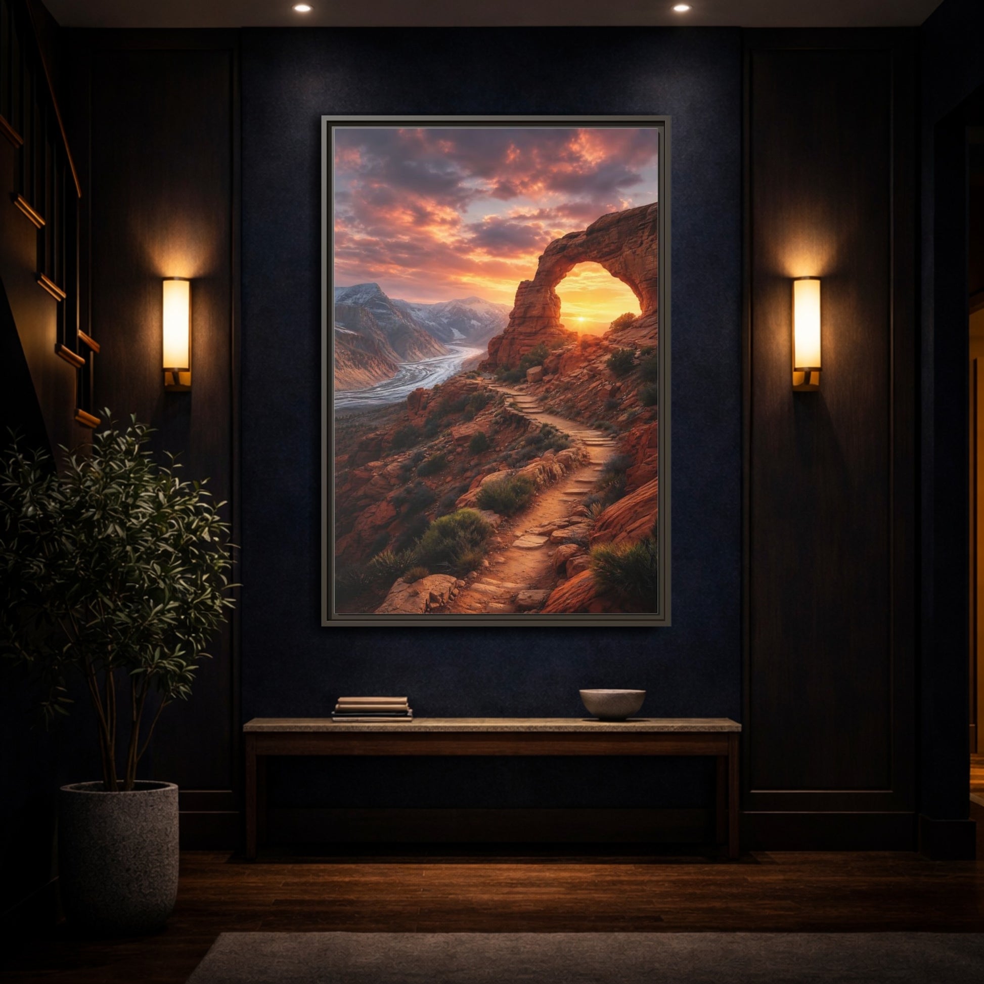 Mockup 4. Sunset Red Rock Arch shown as framed canvas print
