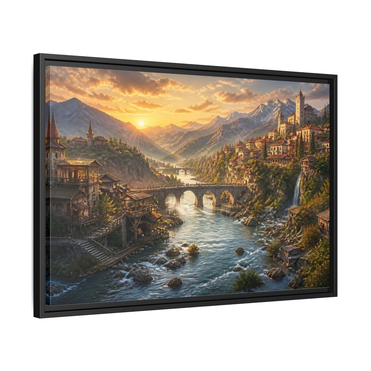 Side Mockup 14. Sunset River Landscape shown as framed canvas print