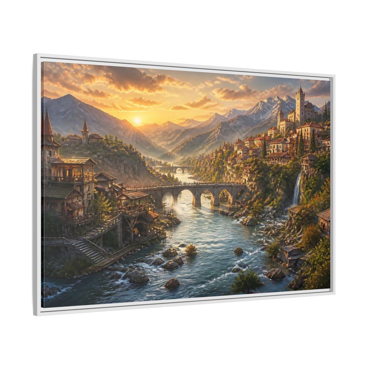Side Mockup 7. Sunset River Landscape shown as framed canvas print