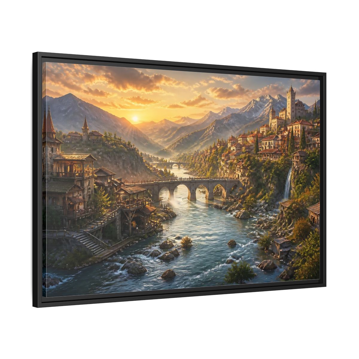 Side Mockup 13. Sunset River Landscape shown as framed canvas print