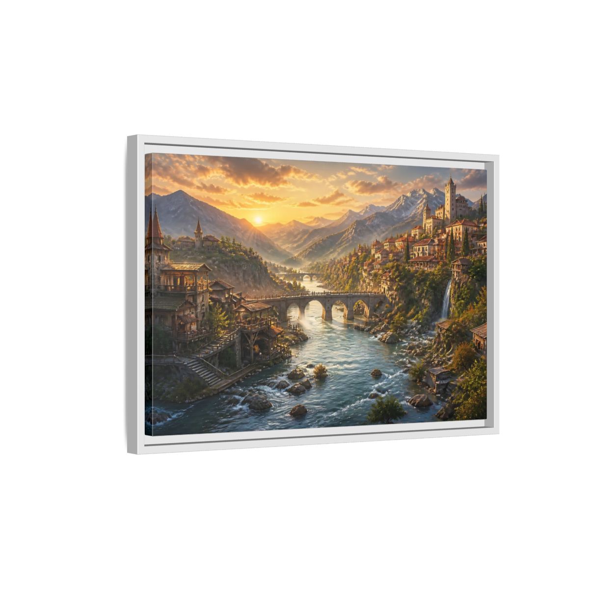 Side Mockup 1. Sunset River Landscape shown as framed canvas print