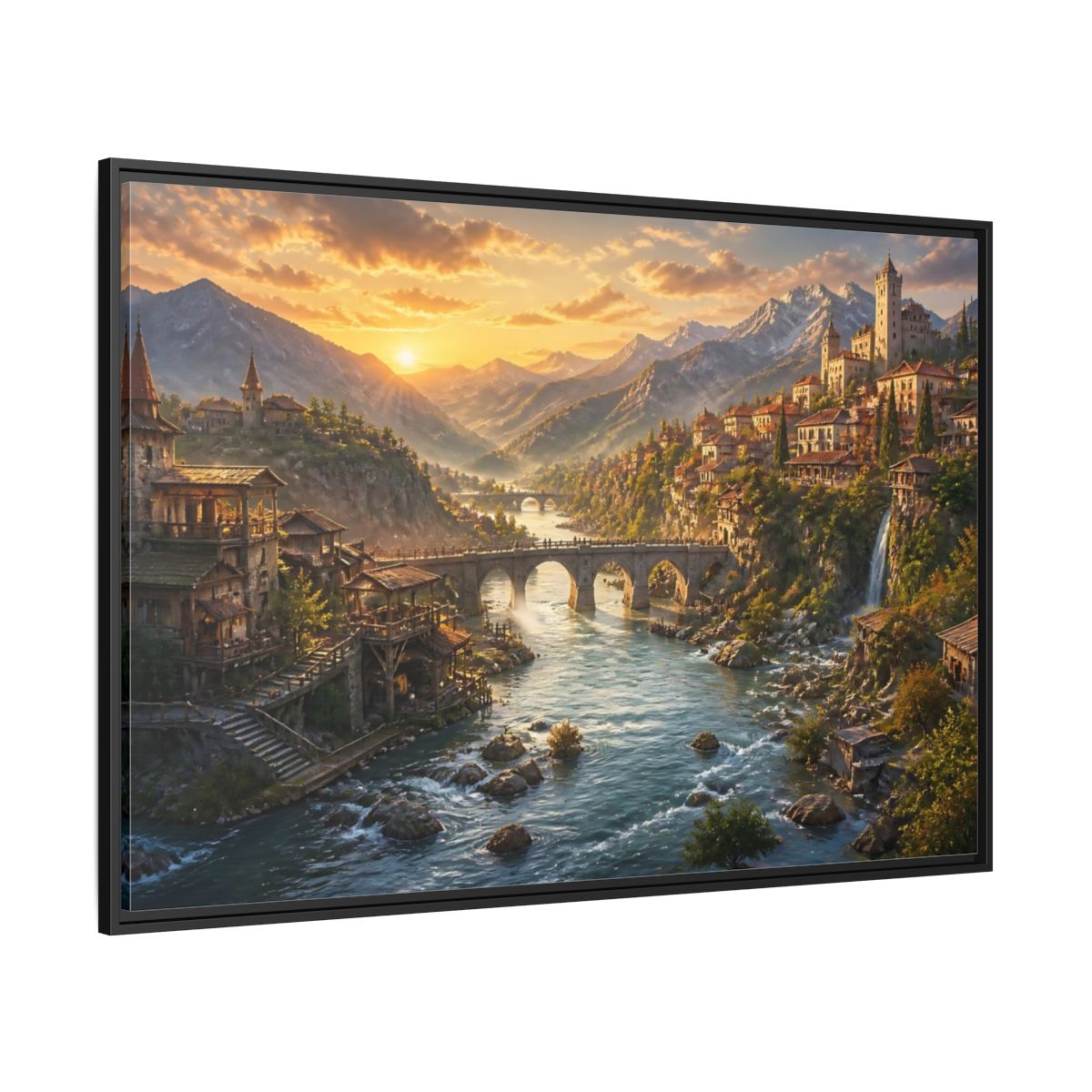 Side Mockup 12. Sunset River Landscape shown as framed canvas print