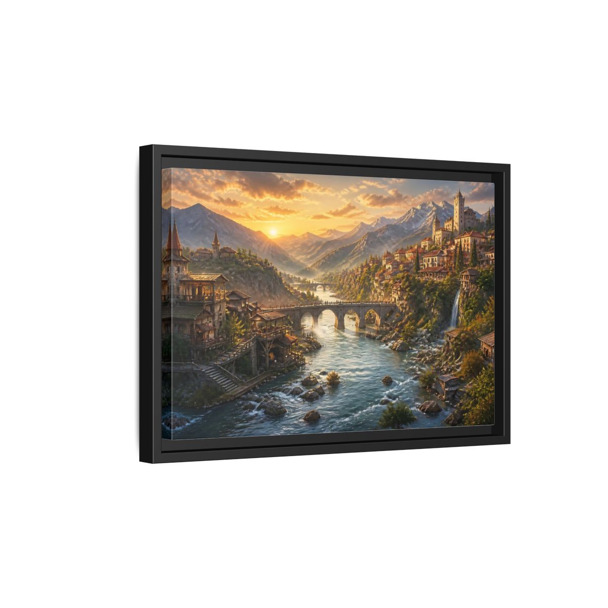 Side Mockup 6. Sunset River Landscape shown as framed canvas print