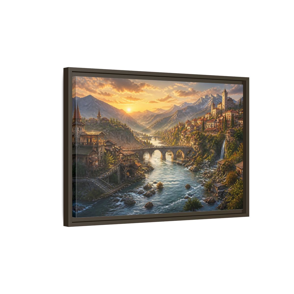 Side Mockup 2. Sunset River Landscape shown as framed canvas print