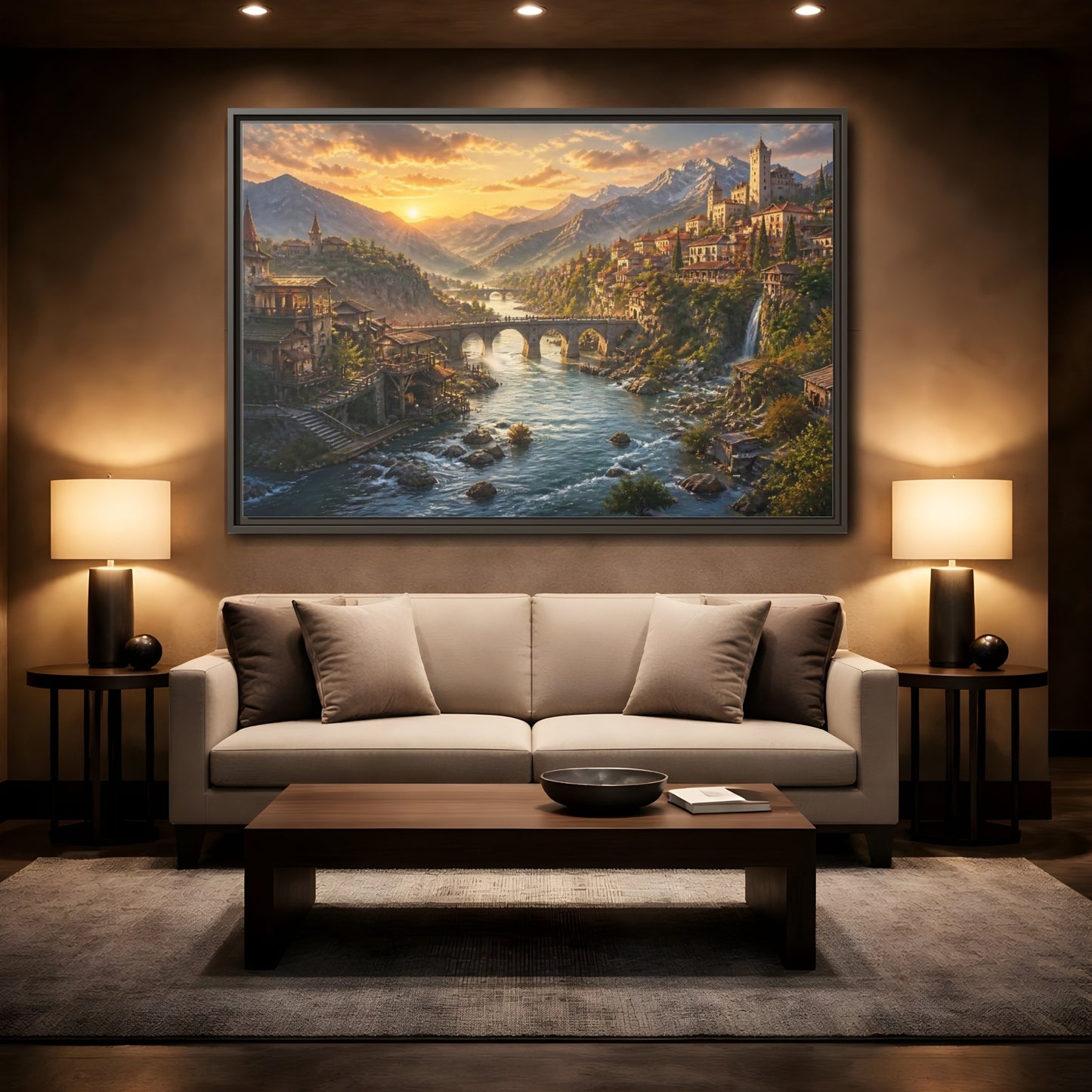 Mockup 2. Sunset River Landscape shown as framed canvas print