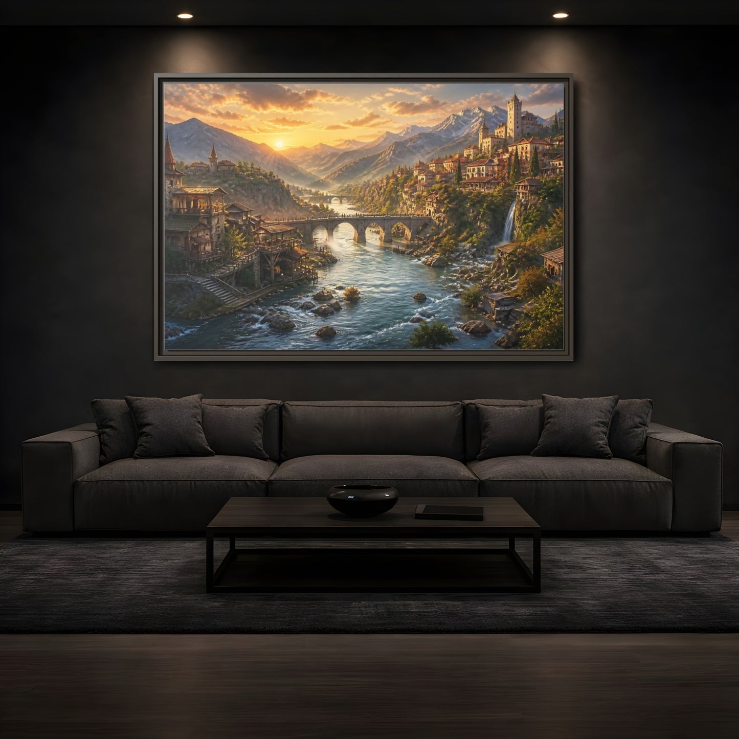 Mockup 3. Sunset River Landscape shown as framed canvas print