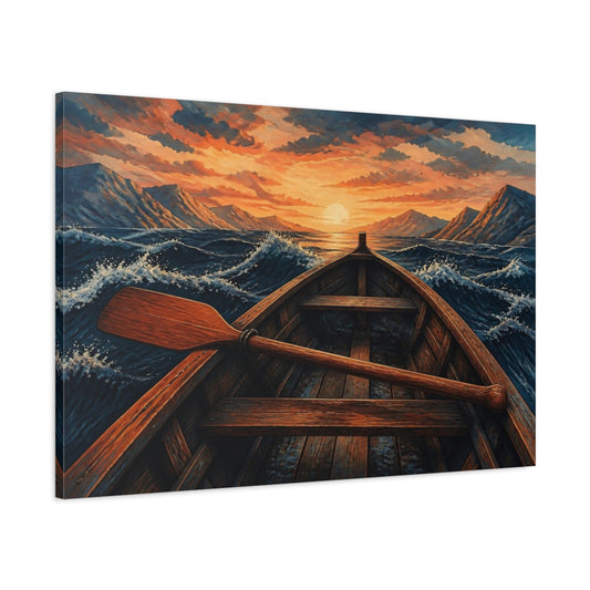 Main Mockup. Sunset Rowboat Voyage shown as canvas print