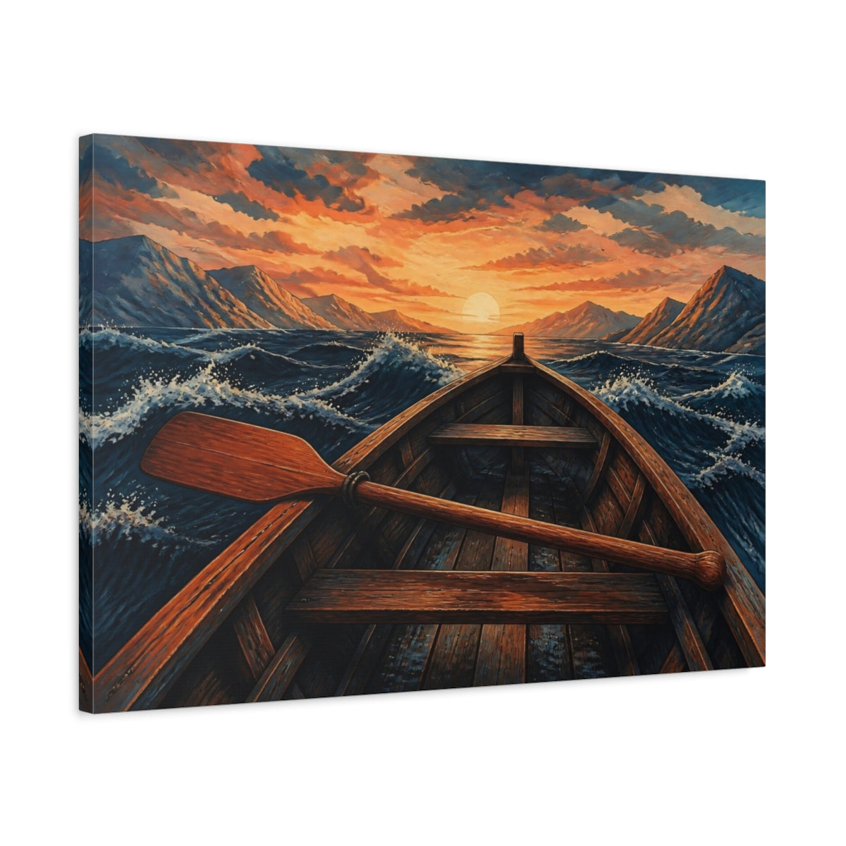 Side Mockup 2. Sunset Rowboat Voyage shown as canvas print