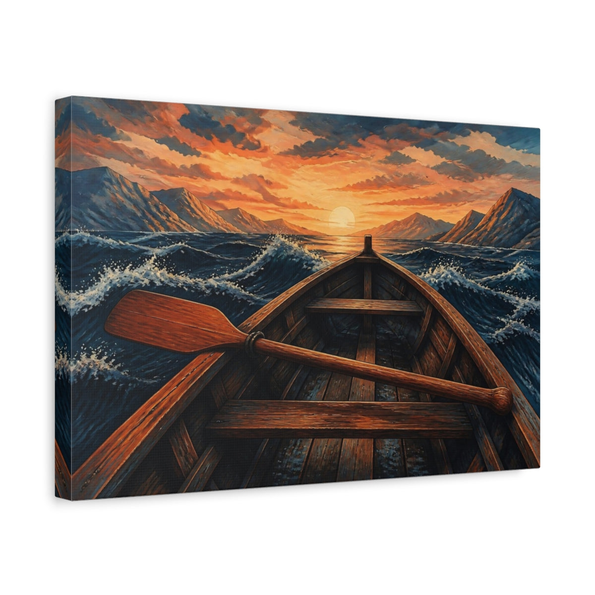 Side Mockup 4. Sunset Rowboat Voyage shown as canvas print