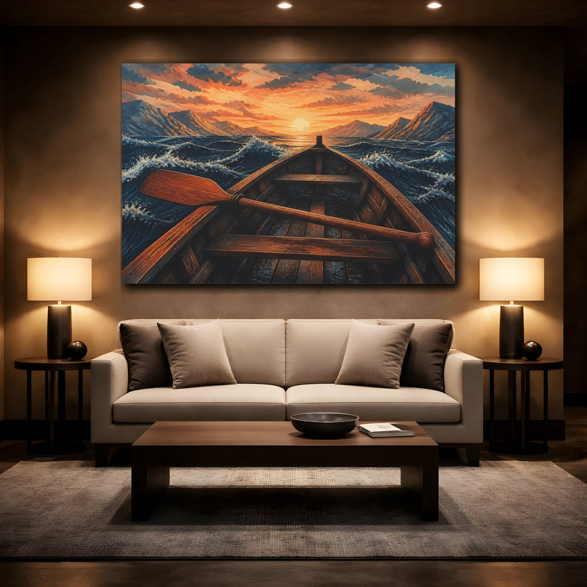 Mockup 2. Sunset Rowboat Voyage shown as canvas print