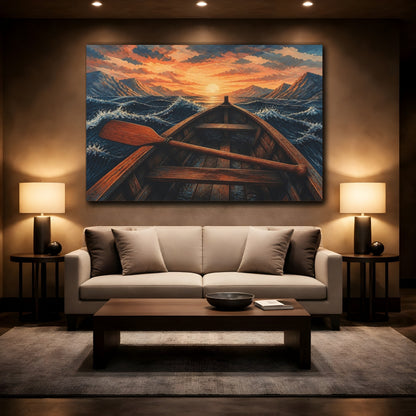 Mockup 2. Sunset Rowboat Voyage shown as canvas print
