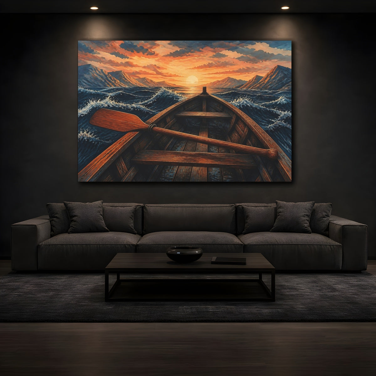 Mockup 3. Sunset Rowboat Voyage shown as canvas print
