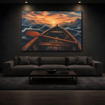 Mockup 3. Sunset Rowboat Voyage shown as canvas print
