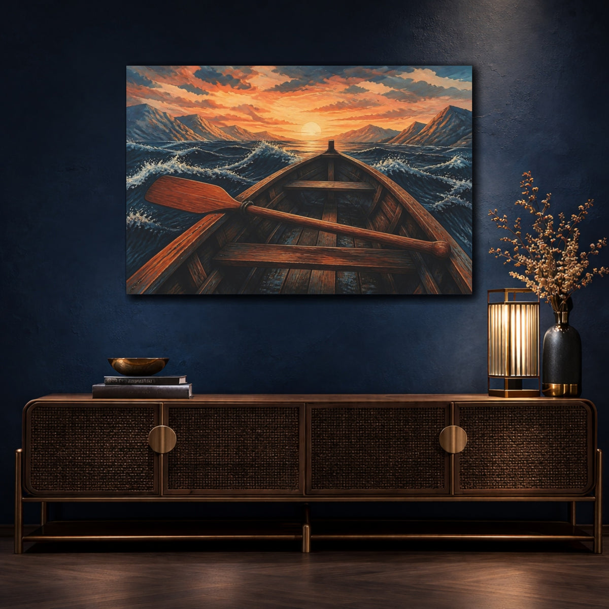 Mockup 4. Sunset Rowboat Voyage shown as canvas print