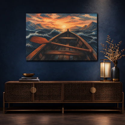 Mockup 4. Sunset Rowboat Voyage shown as canvas print