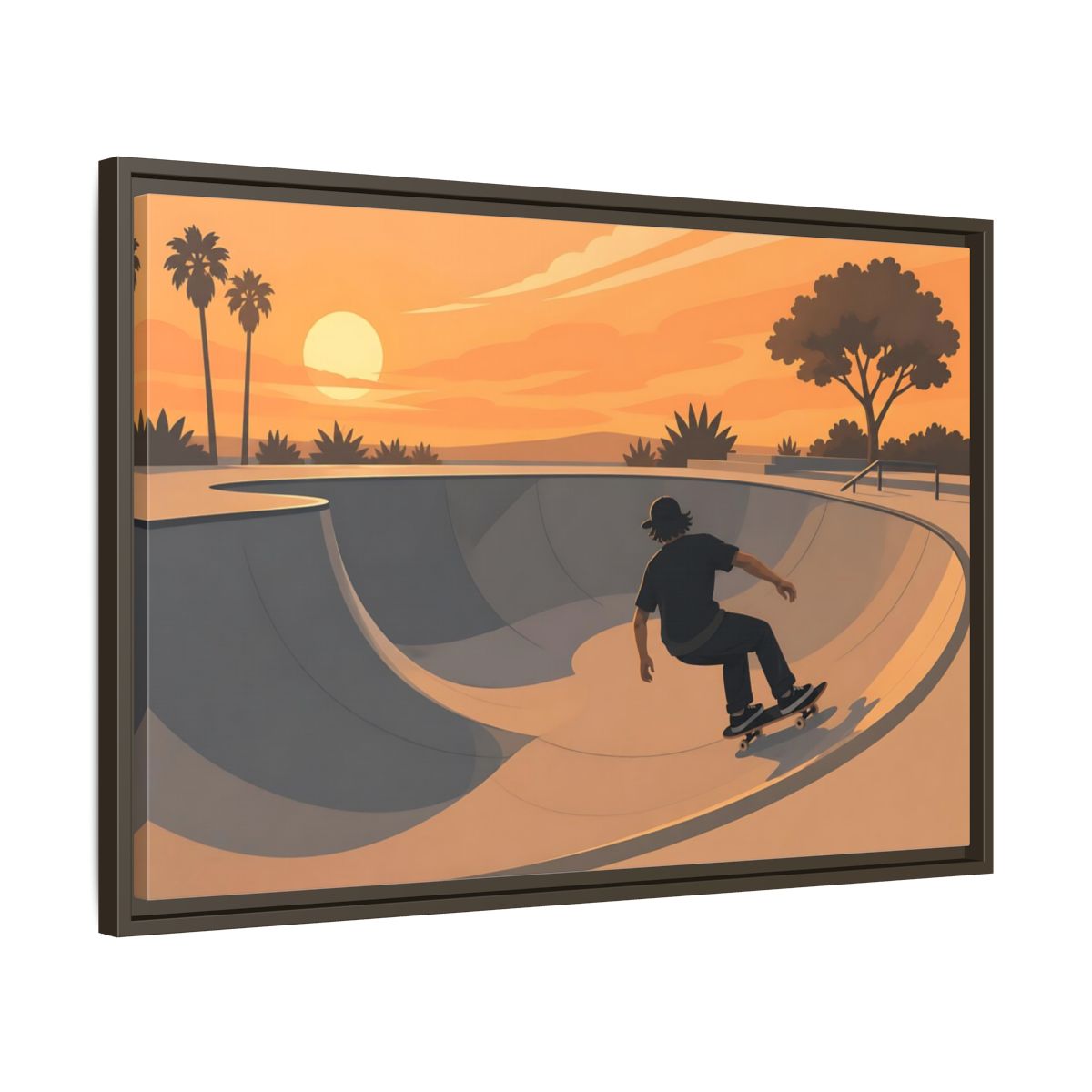 Side Mockup 11. Sunset Skate Session shown as framed canvas print