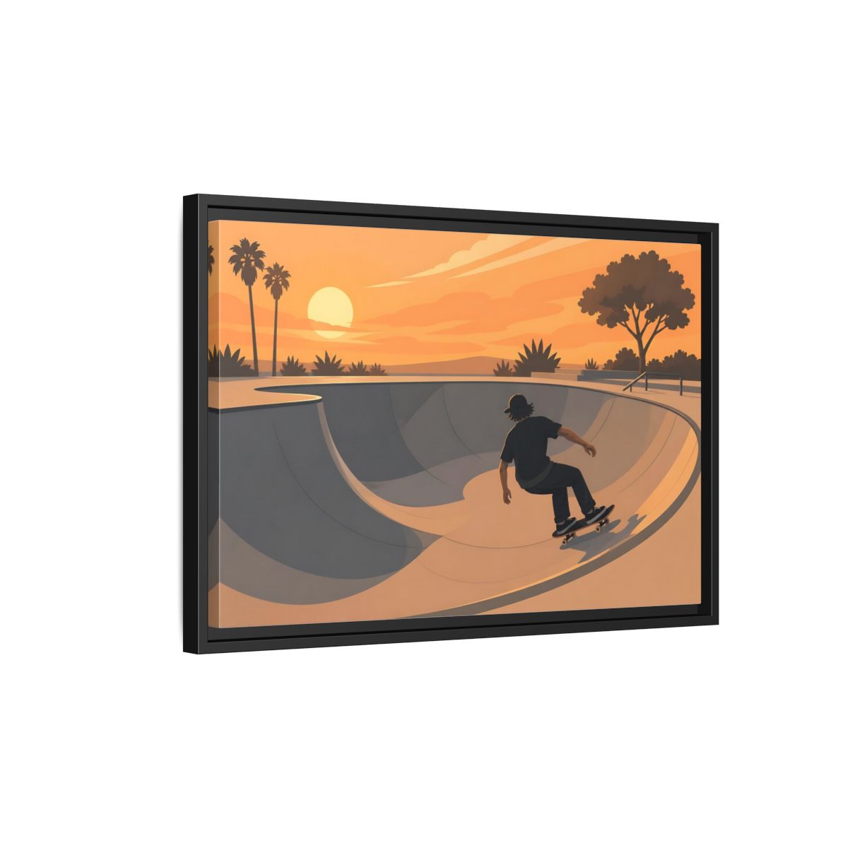 Side Mockup 3. Sunset Skate Session shown as framed canvas print