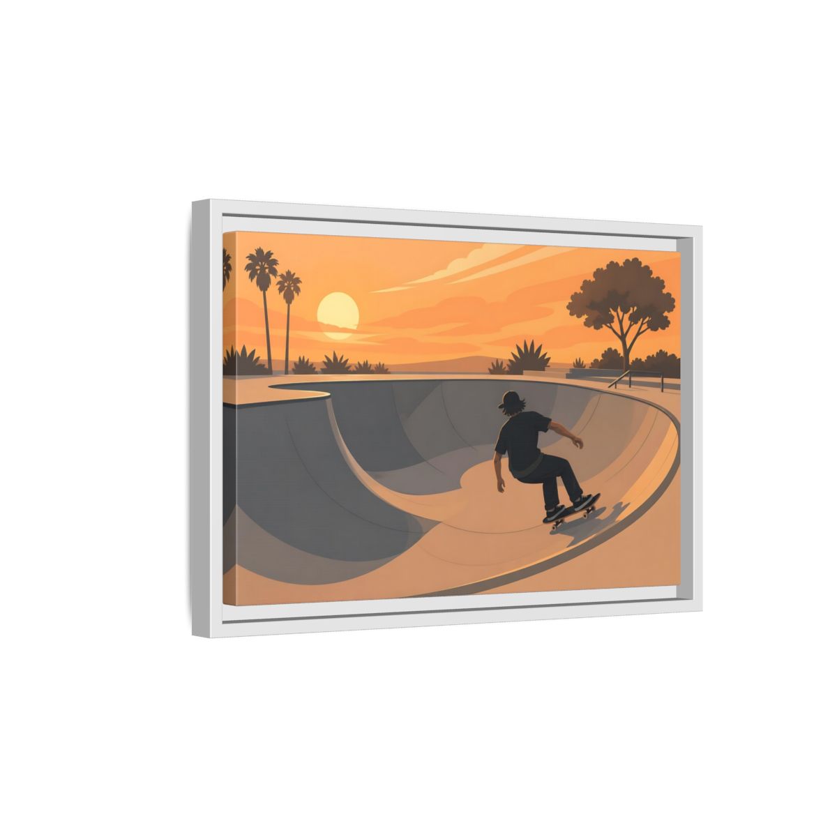 Side Mockup 4. Sunset Skate Session shown as framed canvas print