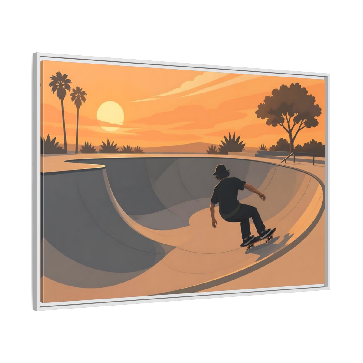 Side Mockup 7. Sunset Skate Session shown as framed canvas print