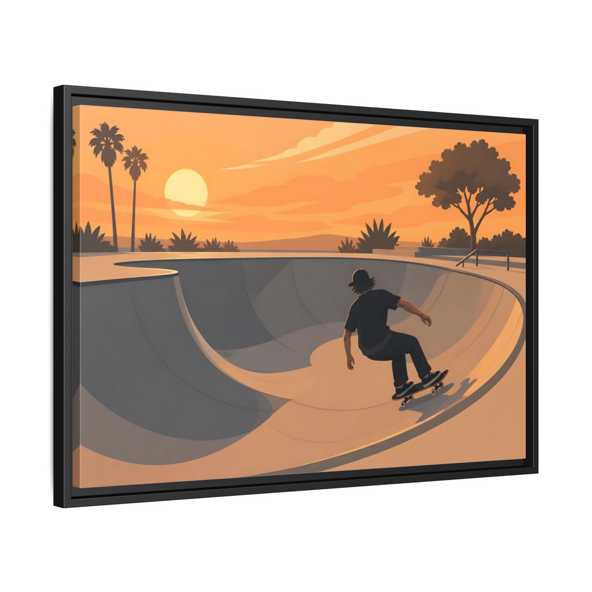 Side Mockup 14. Sunset Skate Session shown as framed canvas print
