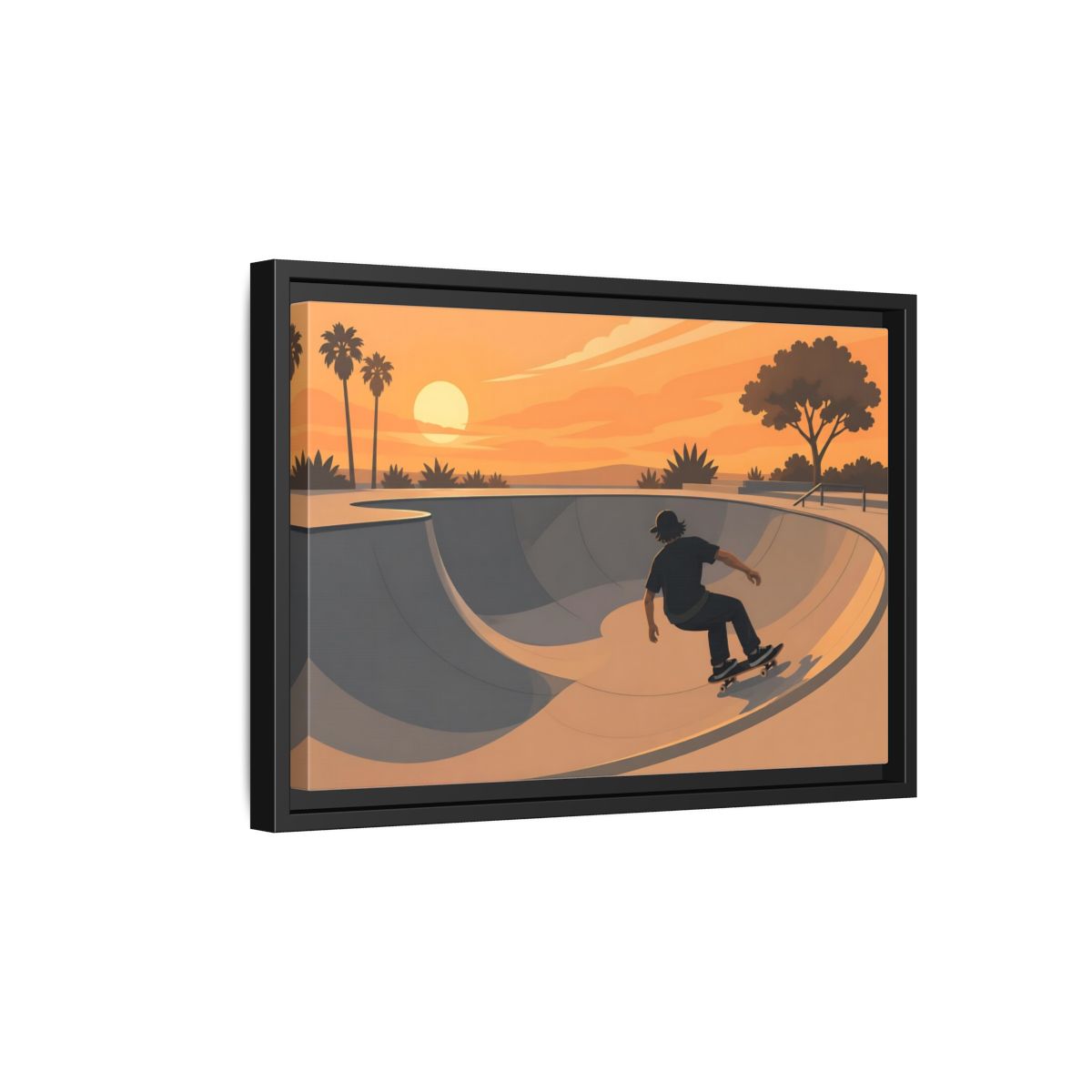 Side Mockup 6. Sunset Skate Session shown as framed canvas print