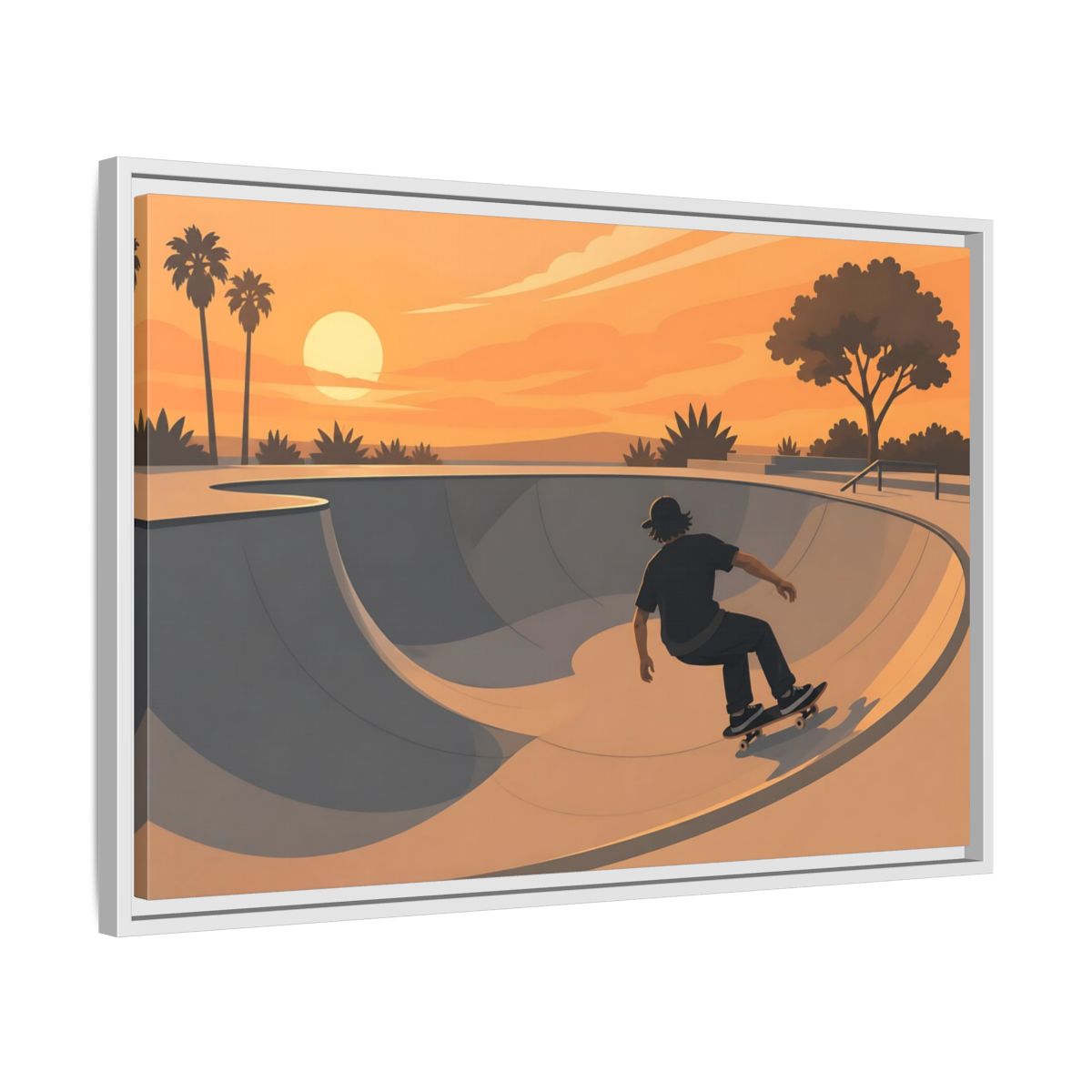Side Mockup 10. Sunset Skate Session shown as framed canvas print