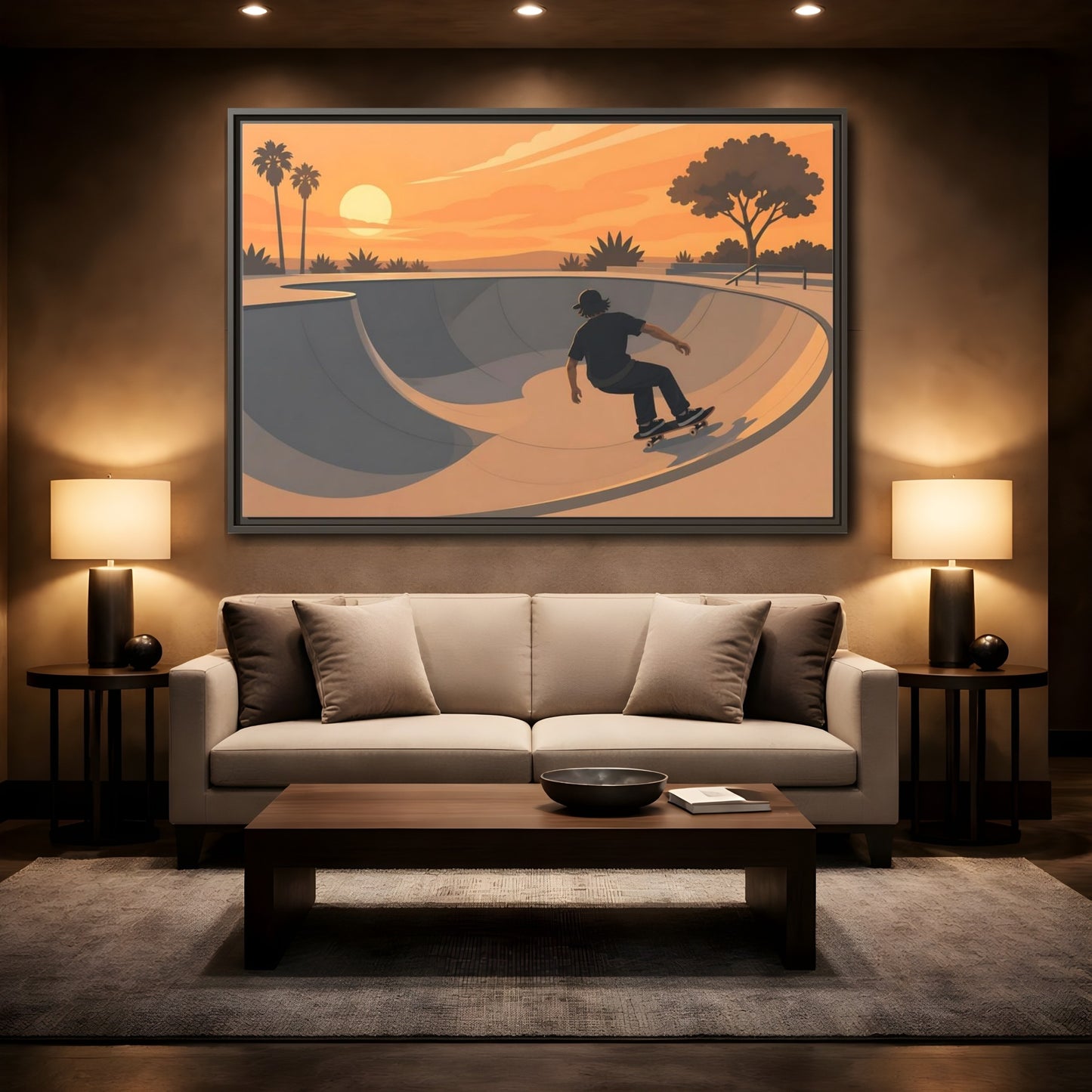 Mockup 2. Sunset Skate Session shown as framed canvas print