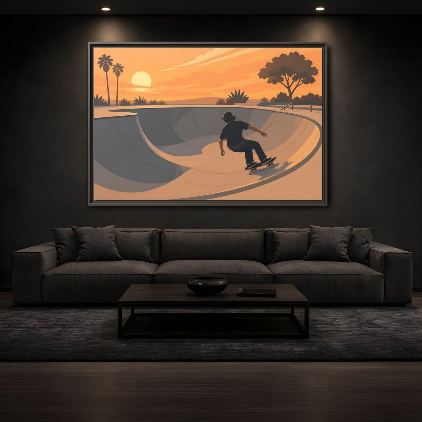 Mockup 3. Sunset Skate Session shown as framed canvas print
