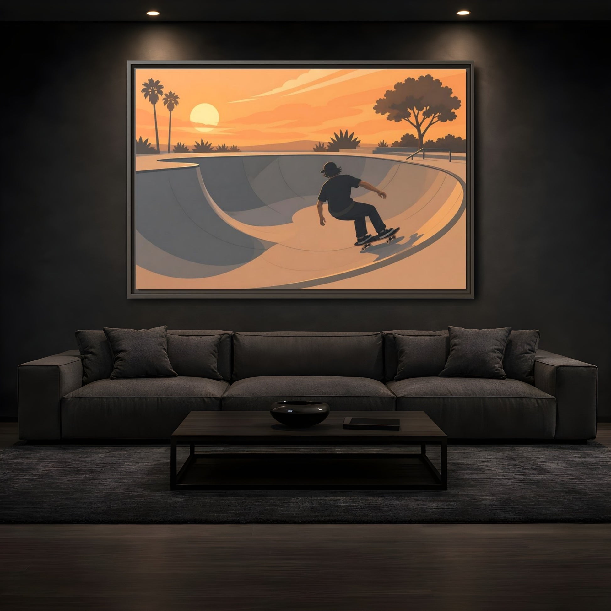 Mockup 3. Sunset Skate Session shown as framed canvas print