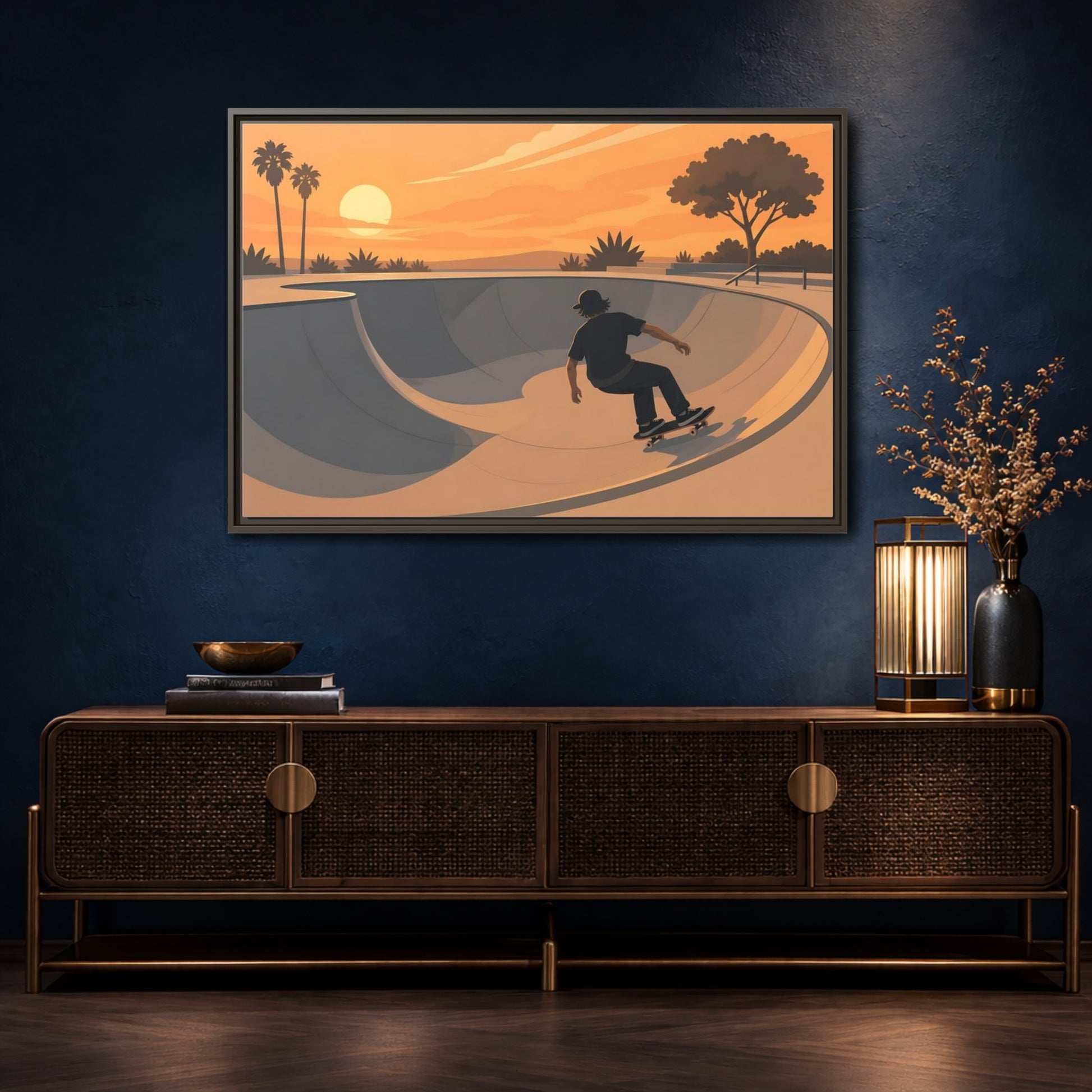 Mockup 4. Sunset Skate Session shown as framed canvas print