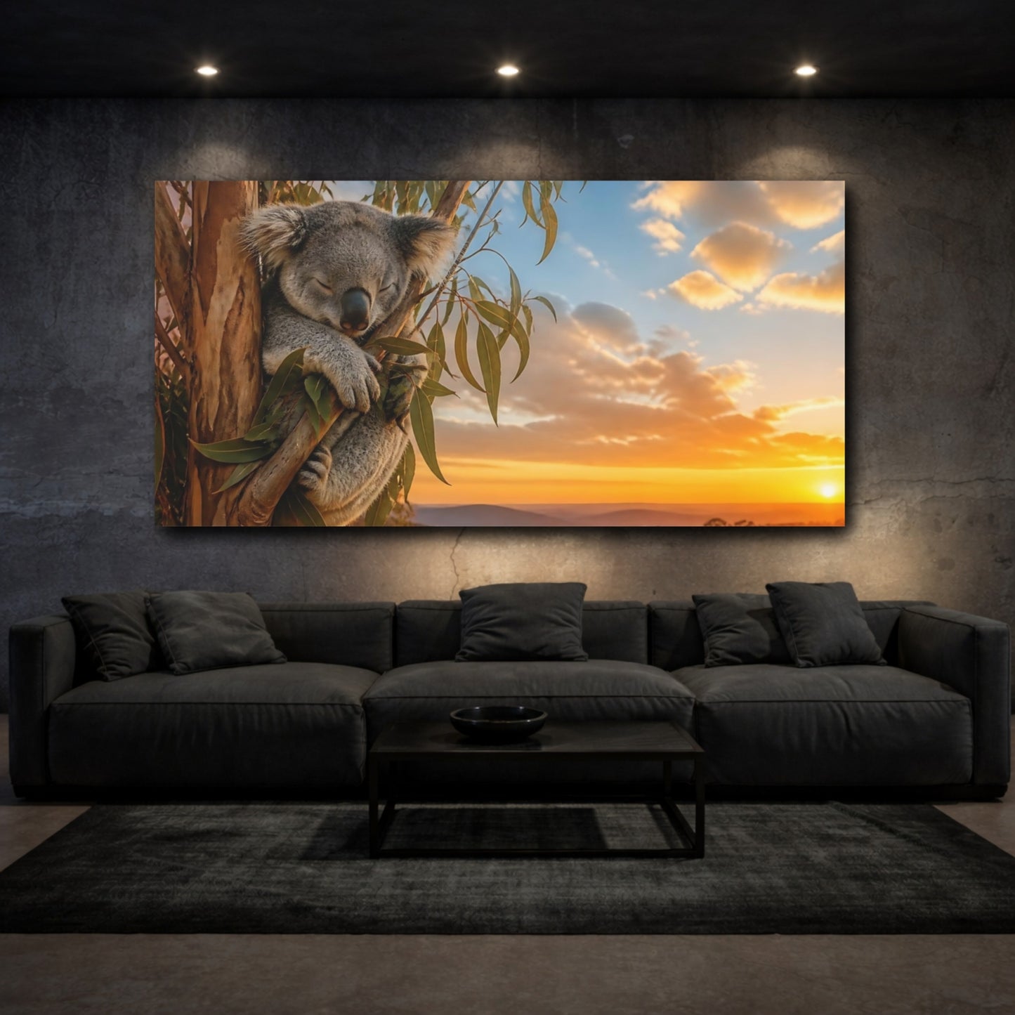 Mockup 3. Sunset Sleeping Koala shown as canvas print