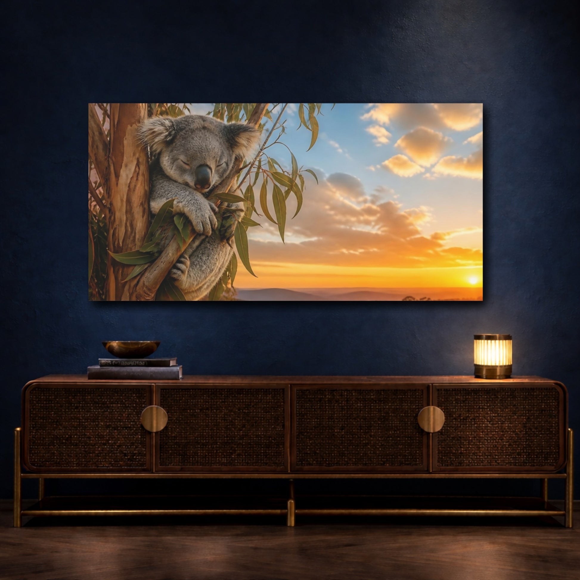 Mockup 4. Sunset Sleeping Koala shown as canvas print