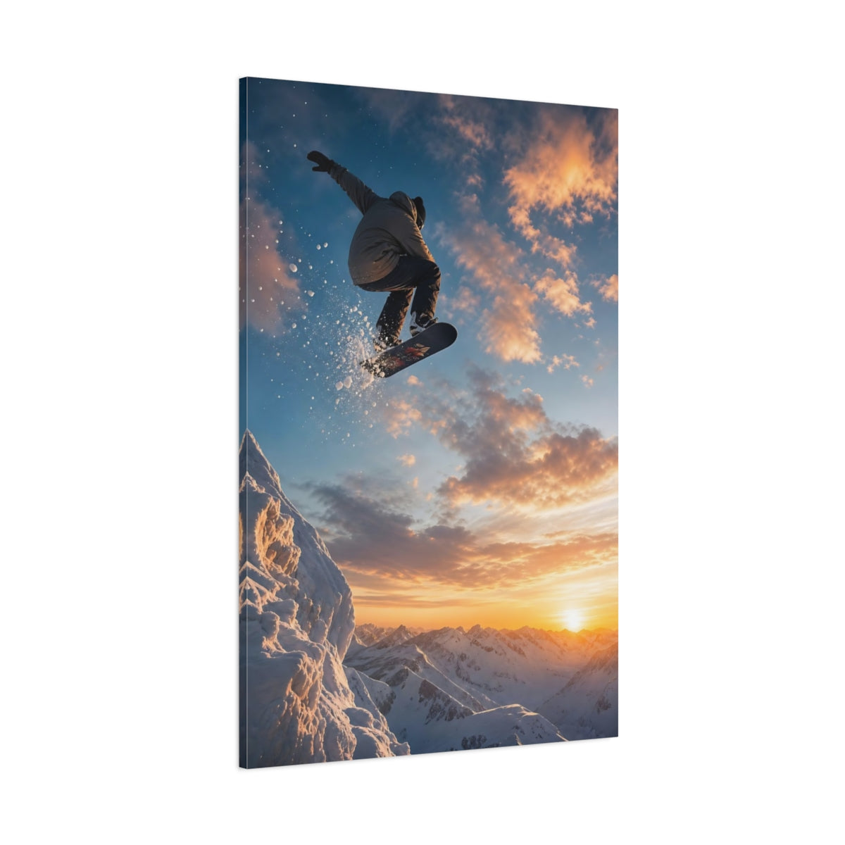 Side Mockup 1. Sunset Snowboard Leap shown as canvas print