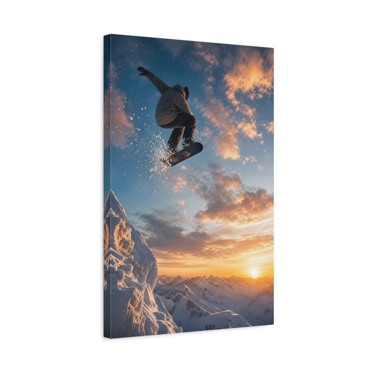 Side Mockup 3. Sunset Snowboard Leap shown as canvas print