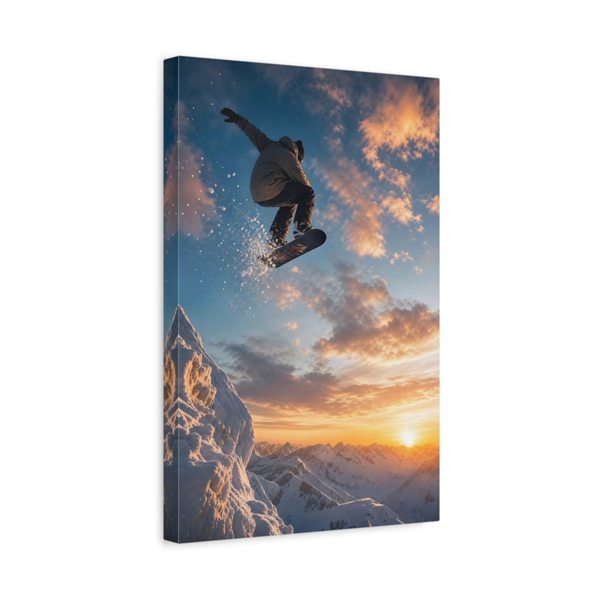 Side Mockup 4. Sunset Snowboard Leap shown as canvas print