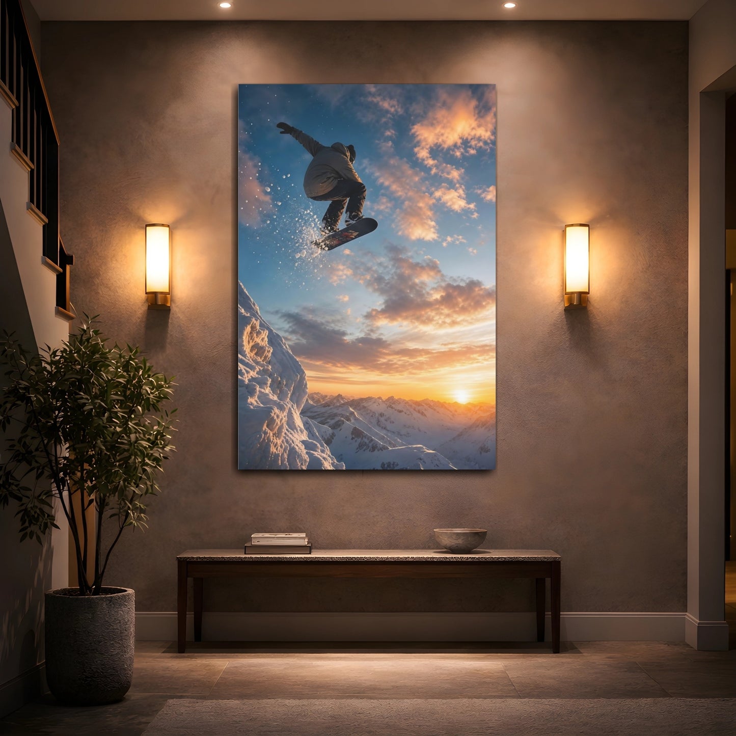 Mockup 2. Sunset Snowboard Leap shown as canvas print