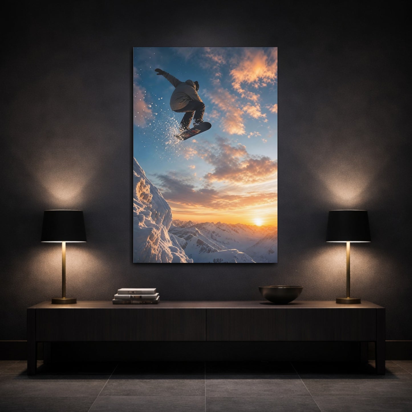 Mockup 3. Sunset Snowboard Leap shown as canvas print