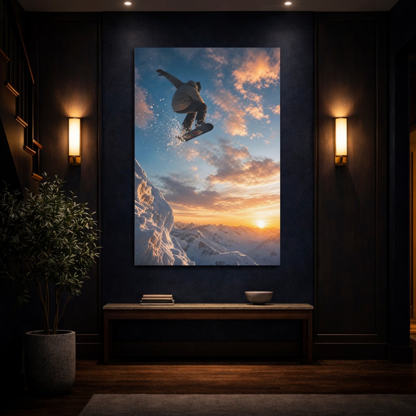 Mockup 4. Sunset Snowboard Leap shown as canvas print