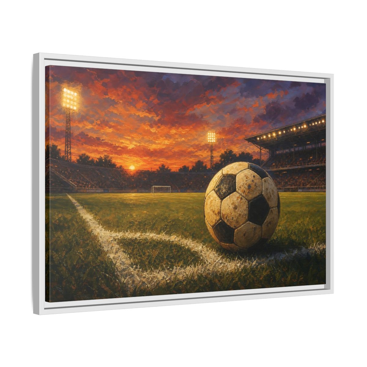 Side Mockup 10. Sunset Soccer Stadium shown as framed canvas print