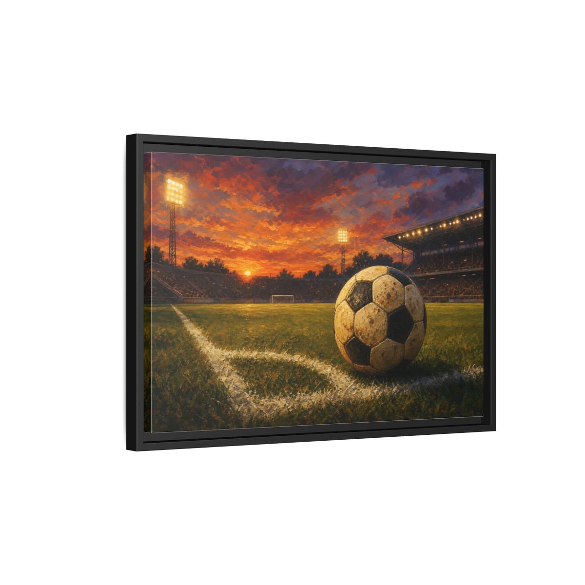 Side Mockup 3. Sunset Soccer Stadium shown as framed canvas print